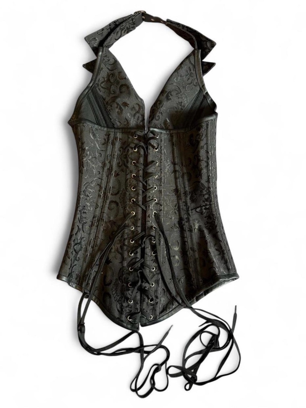 CHARMIAN vintage Gothic Black Brocade Halter Corset with Gold Clasps - Picture 3 of 7